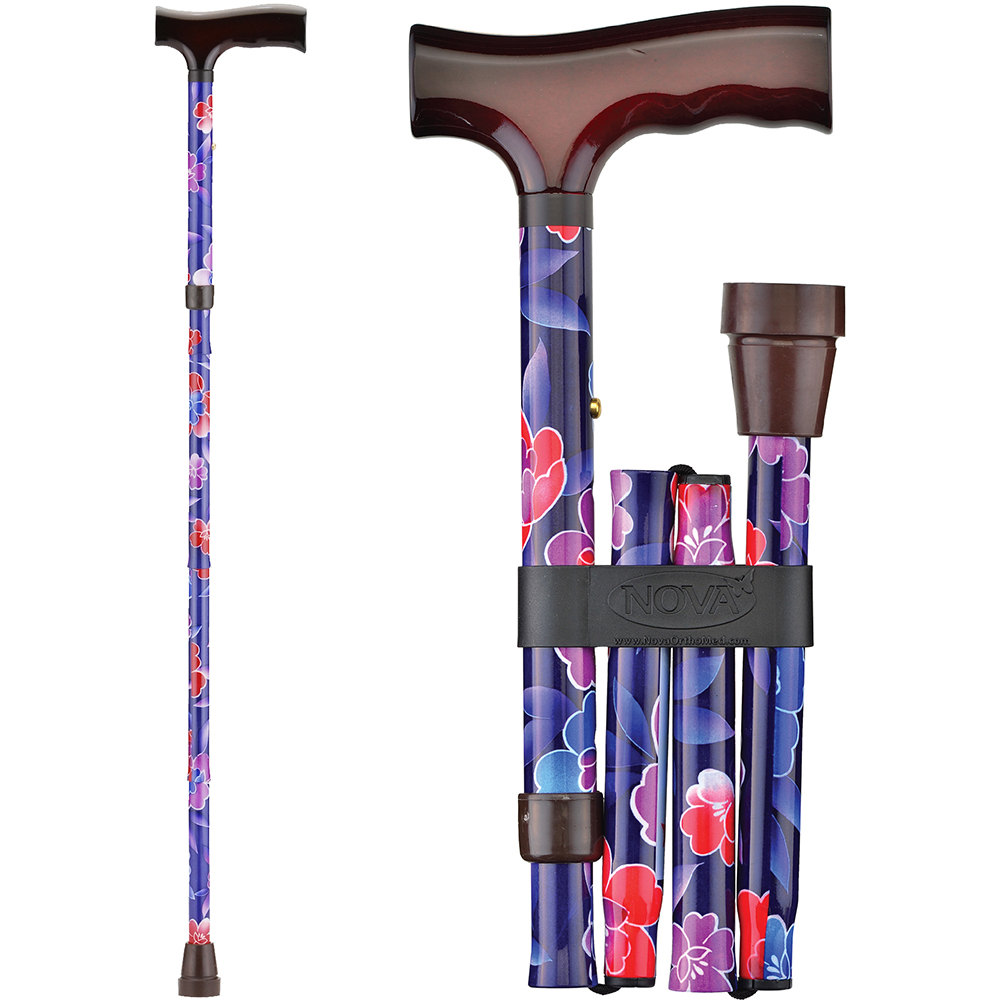 Folding Cane With Wood Grip Handle, Maui Flowers